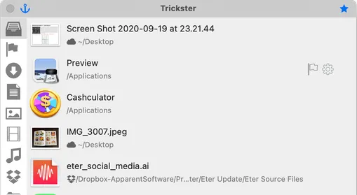 Trickster 3.9.2 showing paths in Dropbox and Desktop in iCloud