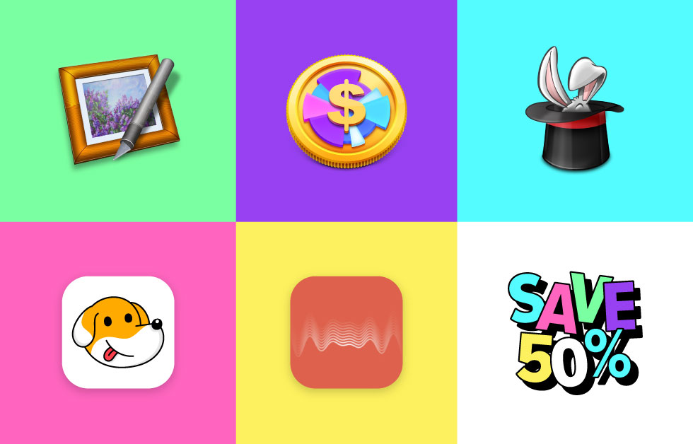 Colorful app icons and text that reads Save 50%