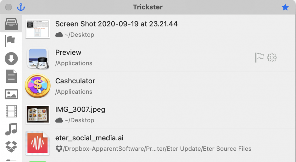 Trickster 3.9.2 showing paths in Dropbox and Desktop in iCloud